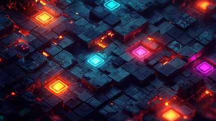 Wall Mural - glowing geometric patterns on dark stone surface create vibrant scene