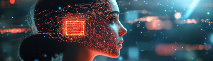 Wall Mural - close up of woman with glowing neural connections and digital elements