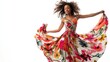 © KASUEMA SALAE - A woman in a colorful floral maxi dress, twirling with a carefree expression and hair flowing on a white isolated background