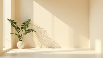 Aufkleber - Serene Minimalist Room Corner with Sunlight and Tropical Plant in Elegant Pot