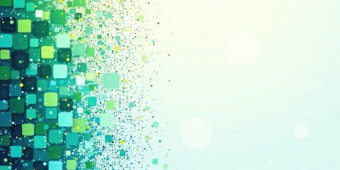 Fototapete - Abstract Green and Teal Square Pixelated Burst Design with Soft Light Bokeh Background