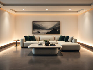 Wall Mural - Serene Living Room: Modern sectional sofa, low coffee table, and ambient lighting create a calm and sophisticated atmosphere. Large landscape artwork adds a touch of nature.