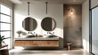 © KenPix - Modern minimalist bathroom, wooden vanity cabinet, large round mirror, pendant light, textured white walls, natural light, earthy tones, zen atmosphere, sleek design, contemporary interior, spa-like a
