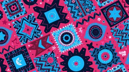 Fototapete - Vibrant Abstract Textile Design Featuring Geometric Shapes and Bold Colors, Ideal for Fashion, Home Decor, and Packaging Applications