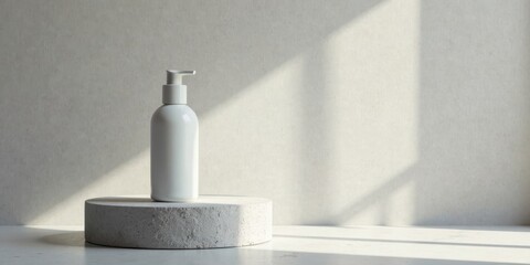 Aufkleber - Simple White Pump Bottle on Light Grey Platform Against a Textured Wall