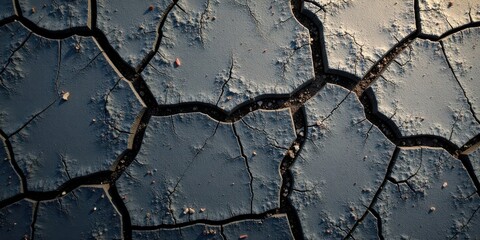 Fototapete - Arid Landscape Dark Grey Cracked Earth Texture Featuring a Network of Deep Fissures and Small Pebbles