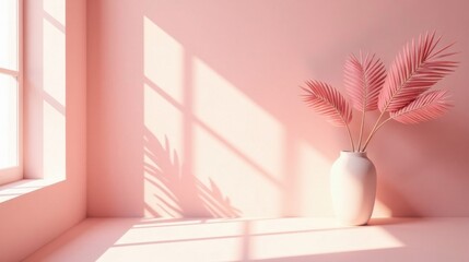 Aufkleber - Serene Minimalist Interior Design with Pastel Pink Walls and Sunlight Illuminating a Simple White Vase Holding Elegant Pink Palm Fronds