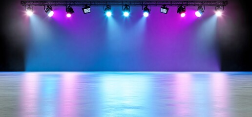 Poster - Empty stage, purple blue lights, reflective floor, event backdrop