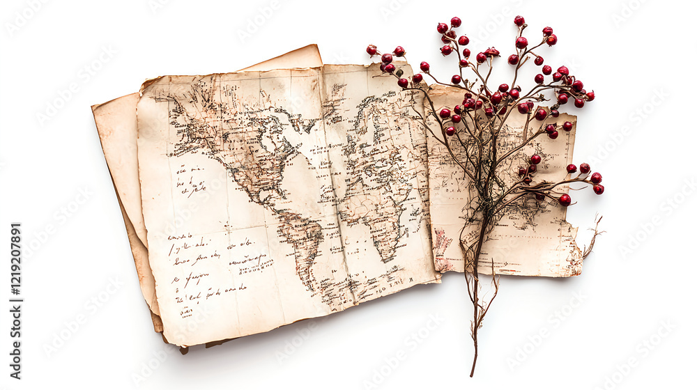 Vintage map with handwritten notes and dried berries, evoking nostalgia ...