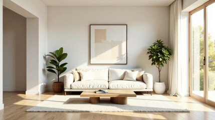 Aufkleber - Serene Minimalist Living Room Interior Design with Natural Light and Neutral Tones