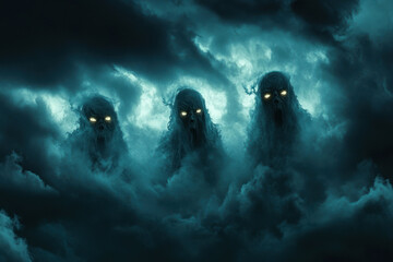 Wall Mural - 
Dark clouds, dark sky, a scary atmosphere, a night scene, a horror movie poster, dark clouds in the shape of ghostly faces looking down from black skies, stormy clouds, dark and ominous.