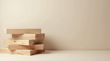 Poster - Neatly Stacked Wooden Blocks Against a Neutral Background, Ideal for Product Placement or Minimalist Design Concepts
