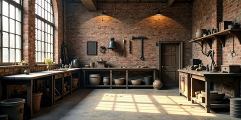Aufkleber - Rustic Industrial Workshop with Aged Brick Walls, Sunlit Windows, and Wooden Workbenches Filled with Earthenware and Tools