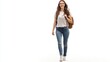 © กาซือมะ สาและ - A young woman with a backpack, walking confidently down the street with a smile, on a white isolated background