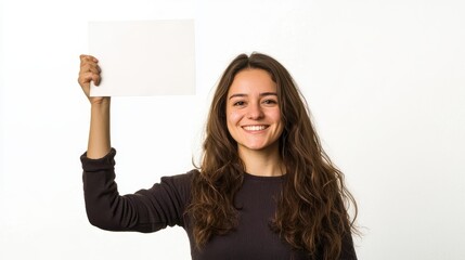 Wall Mural - A woman holding a sign with a positive message, smiling and feeling empowered, on a white isolated background