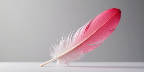 Poster - A Delicate Pink and White Feather Resting on a Smooth Surface, a Symbol of Lightness and Airiness, Evoking a Sense of Calm and Tranquility