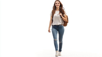 Wall Mural - A young woman with a backpack, walking confidently down the street with a smile, on a white isolated background