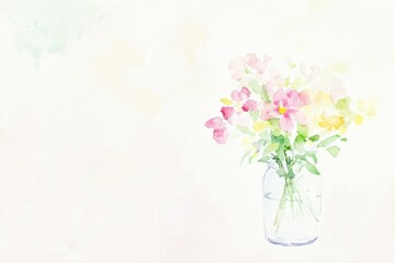 Poster - Delicate watercolor bouquet with pastel flowers in a glass vase, showcasing vibrant colors and soft textures for home decor and floral arrangements