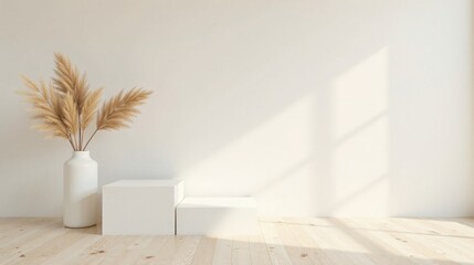 Fototapete - Serene Minimalist Interior Scene with Pampas Grass in White Vase and Two-Tiered Display