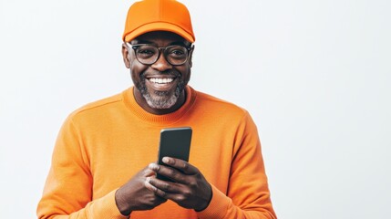 Wall Mural - A smiling man in a baseball cap, holding a phone and looking at the camera