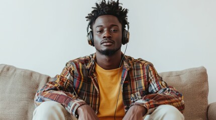 Wall Mural - A young man with headphones, sitting on a sofa and enjoying music with a relaxed expression,