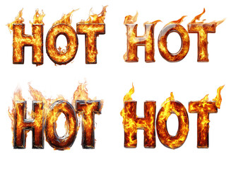 Wall Mural - The image shows four fiery renderings of the word HOT against a black background.