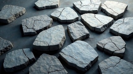 Fototapete - Cracked Stone Fragments Scattered on a Dark Surface, a Textural Abstract Composition