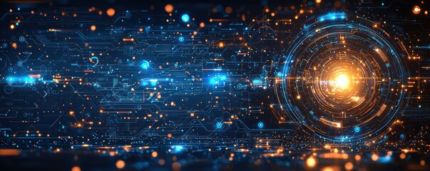 Wall Mural - futuristic digital technology background with illuminated circular interface and network lines
