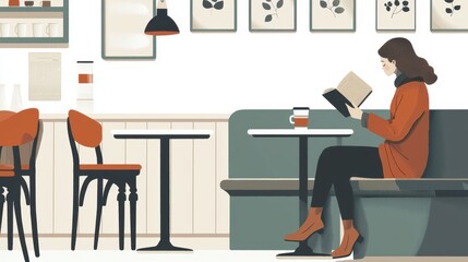 Wall Mural - A woman sitting in a coffee shop, reading a book and drinking a latte, on a white isolated background