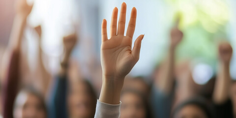 Diverse group of people raising hands in unison to express support, enthusiasm, and engagement during a community gathering or event