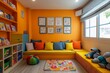 © Michael - Vibrant and inviting playroom boasting a comfortable sofa, colorful cushions, and bookshelves filled with children's books, fostering a fun and educational environment