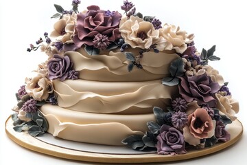 Wall Mural - Creamy white wedding cake decorated with cascading ruffles and beautiful handmade sugar flowers in shades of purple and beige