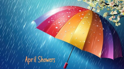 Wall Mural - A beautifully detailed, open umbrella in bright rainbow hues, surrounded by gentle rainfall, with the cheerful text April Showers above in a crisp, vector-style design.