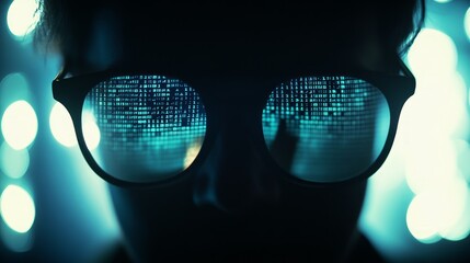 Coder's reflection, binary code, night, city bokeh