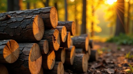 Aufkleber - Golden Hour Lumber Stack in a Forest Setting