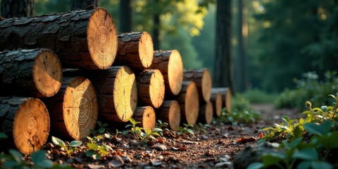 Aufkleber - Sunlit Forest Logs Resting on a Forest Path