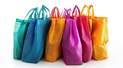 Wall Mural - A set of eco-friendly reusable shopping bags, placed in a neat pile, on a white isolated background