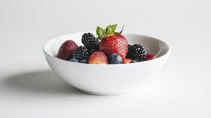 Wall Mural - A white ceramic bowl filled with fresh mixed berries, placed on a white table, on a white  background