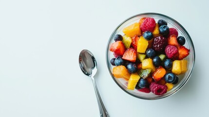 Wall Mural - A colorful fruit salad in a clear glass bowl, with a spoon beside it, on a white  background