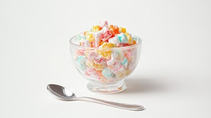 Wall Mural - A colorful fruit salad in a clear glass bowl, with a spoon beside it, on a white  background