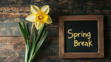 Wall Mural - A charming Narcissus bloom sits on a chalkboard surface, while the phrase Spring Break is written in white chalk, adding a refreshing, seasonal touch.