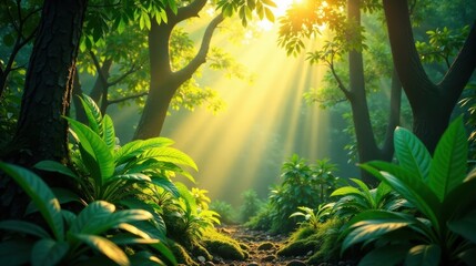 Poster - Sunlit Forest Path A Mystical Journey Through Lush Greenery and Golden Rays