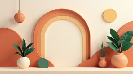 Aufkleber - Serene Minimalist Interior Design with Earthy Tones and Lush Greenery Featuring a Unique Archway and Hanging Lamp