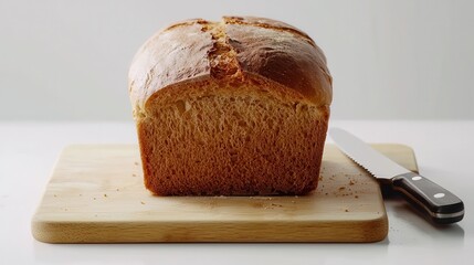 Wall Mural - A fresh loaf of bread with a knife beside it, placed on a wooden cutting board, on a white  background