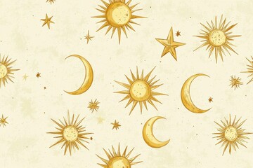 Poster - Whimsical pattern of sun, moon, and stars in warm yellow tones perfect for seasonal decorations and children s themes Ideal for fabric, wallpaper, or prints