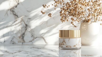 Wall Mural - A luxurious skincare cream in a glass jar with a gold lid, placed on a marble countertop, on a white background