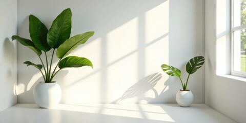 Aufkleber - Serene Minimalist Interior with Lush Greenery and Sunlight Streaming Through Window