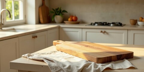 Aufkleber - Sunlit Kitchen Countertop with Wooden Cutting Board and Linen Cloth