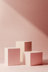 Sticker - A minimalistic and clean background with three simple, square pedestals in shades of blush pink, arranged neatly to create an elegant display for product photography.