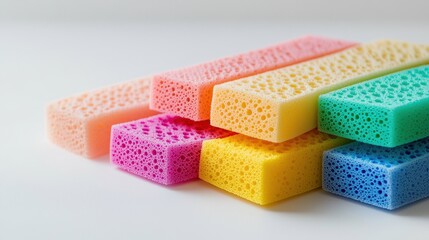 Wall Mural - A set of colorful biodegradable cleaning sponges, placed on a white surface, on a white isolated background